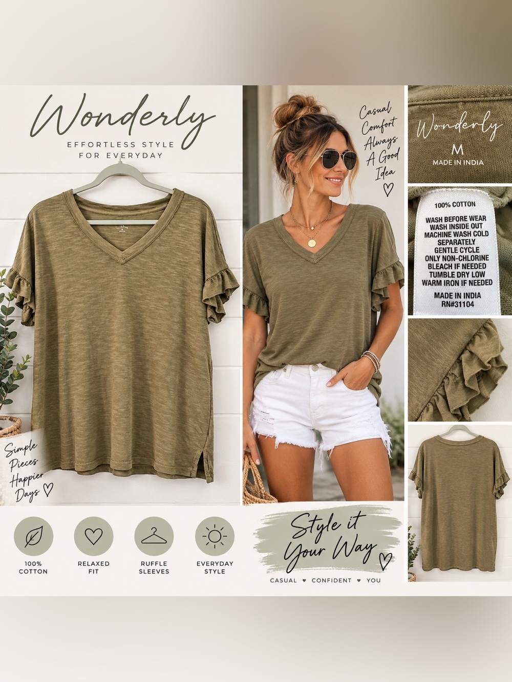 Wonderly Olive Green Ruffle Sleeve V-Neck Top Women's Medium 100% Cotton